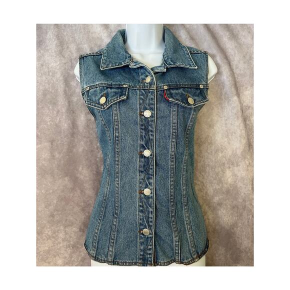 VNTG Eunina Denim Vest Size S Classic Button Up Med Wash Staple 90s Model - Picture 1 of 11